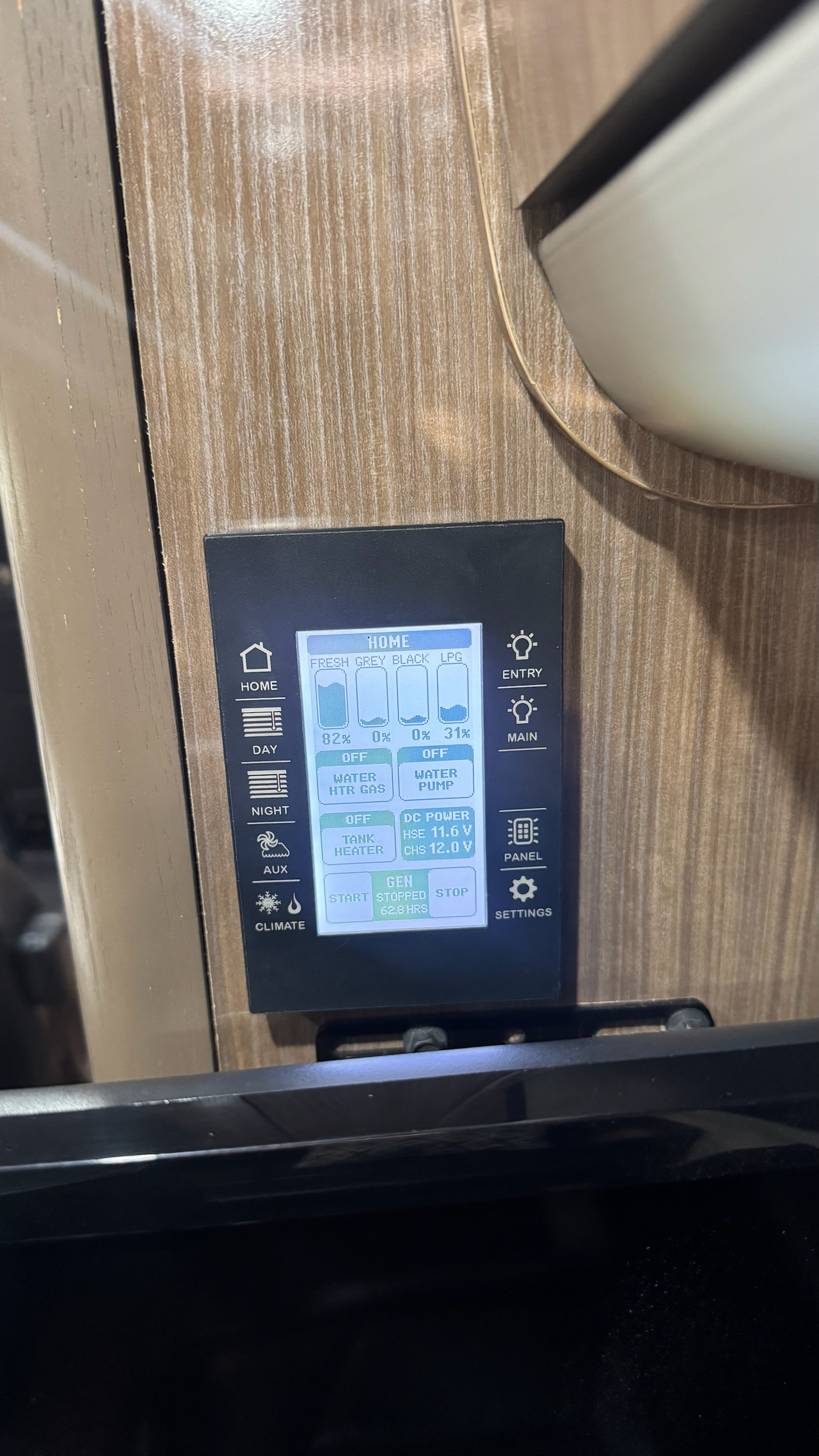 System control panel — tanks, battery, generator